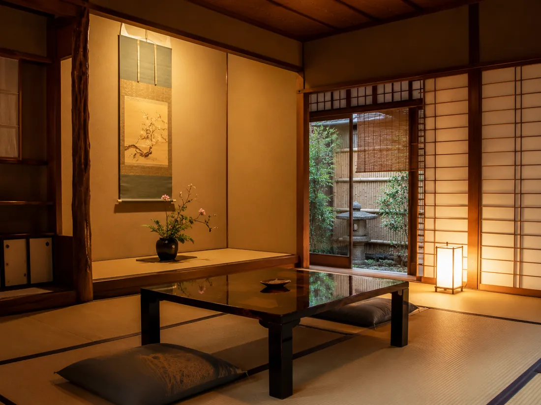 Inside a traditional Gion ochaya (teahouse) tatami room